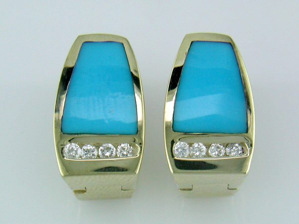 14K Y/G TURQOUISE AND DIAMOND EARRINGS. DIAMOND WT. 24PTS.
