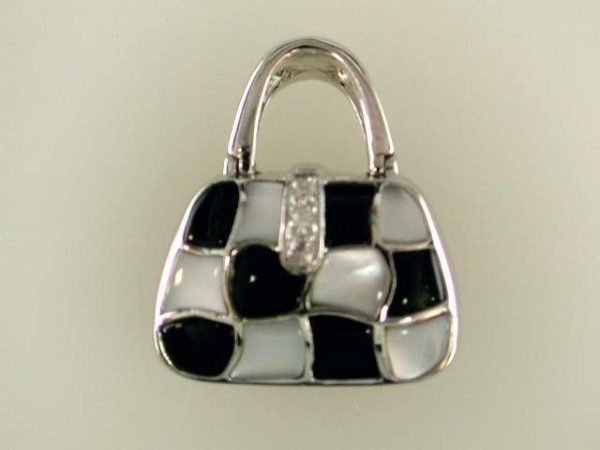 14K WHITE GOLD MOTHER OF PEARL & ONYX PURSE DESIGN PENDANT WITH 3 SMALL ROUND DIAMONDS THAT WEIGH .01 PTS. EACH. TOTAL WEIGHT: 6.6 GRAMS.