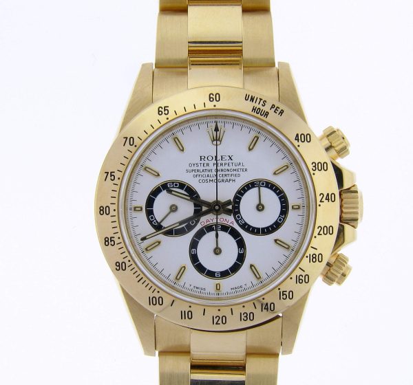 MENS 18K ROLEX DAYTONA WITH WHITE DIAL.  SERIAL # SXXXXXX.