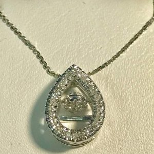 LDS 14K W/G DANCING DIA PEAR PEND W/CHAIN D .12 1.2DWT