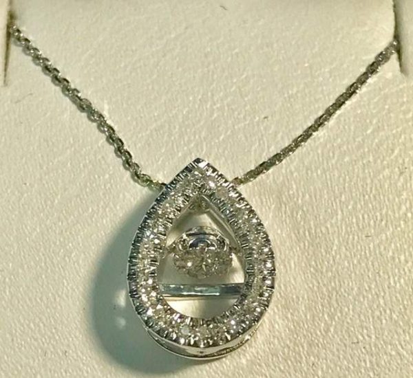 LDS 14K W/G DANCING DIA PEAR PEND W/CHAIN D .12 1.2DWT