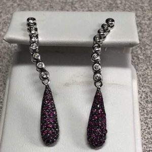 14K WHITE GOLD DIAMOND AND RUBY DANGLE EARRINGS