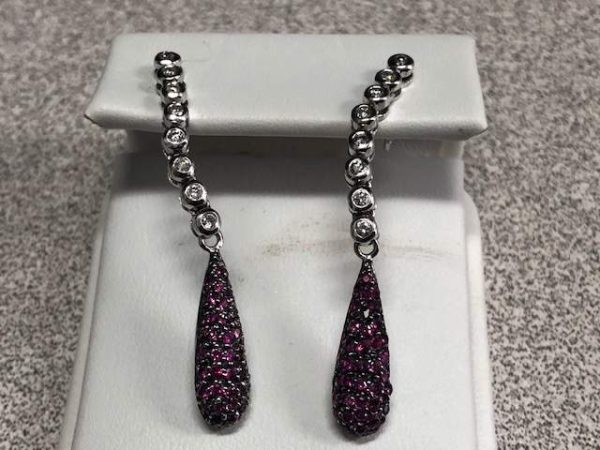 14K WHITE GOLD DIAMOND AND RUBY DANGLE EARRINGS