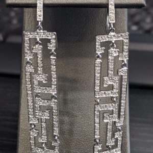14KT W/G AND MELEE DIAMOND DECO STYLE DANGLE EARRINGS. (57 PTS)(4.5 DWT)