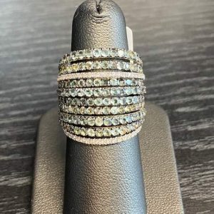14KT Y/G, DIAMOND AND GRN SAPPHIRE RING WITH 10 OPENWORK STRANDS, TWO MICRO PAVE DIAMOND,   8 ROUND GREEN SAPP.
