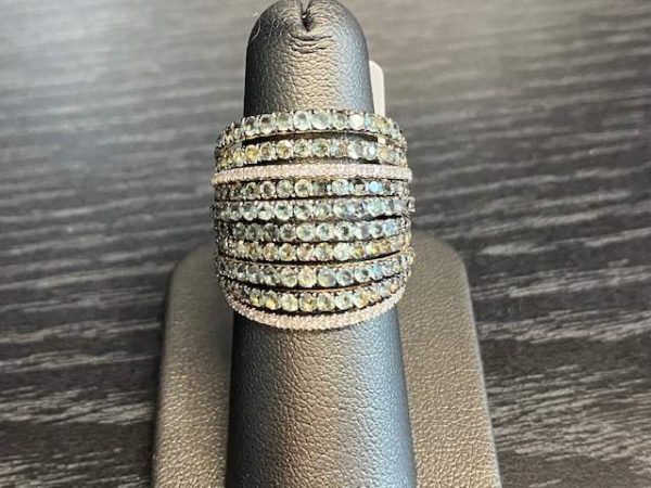 14KT Y/G, DIAMOND AND GRN SAPPHIRE RING WITH 10 OPENWORK STRANDS, TWO MICRO PAVE DIAMOND,   8 ROUND GREEN SAPP.