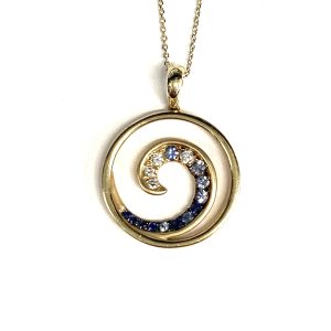 14K YELLOW GOLD BLUE DIAMOND WAVE NECKLACE