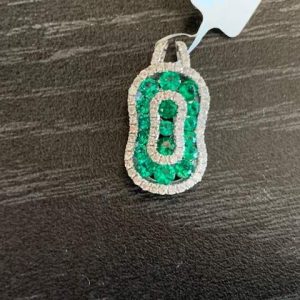 18K WHITE GOLD EMERALD AND DIAMOND PENDANT 62 ROUND DIAMONDS.35CT 17 ROUND EMERALD .69CT 2.2 DWT