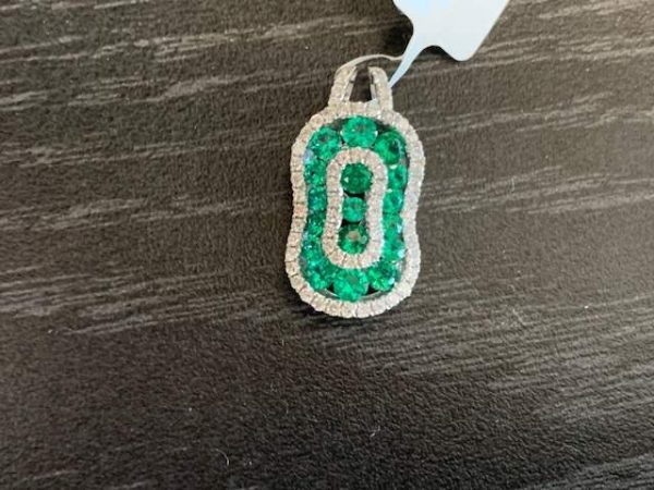 18K WHITE GOLD EMERALD AND DIAMOND PENDANT 62 ROUND DIAMONDS.35CT 17 ROUND EMERALD .69CT 2.2 DWT