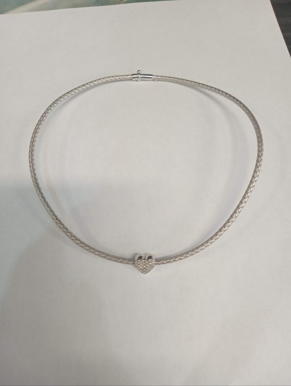 18K WHITE GOLD WHEAT CABLE CHAIN CHOKER WITH 0.50 CT RBC FIXED HEART, 15.7DWT