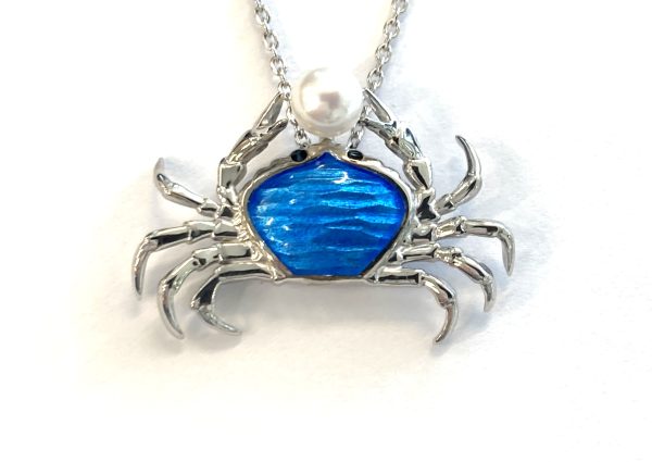 STERLING SILVER BLUE CRAB WITH PEARL NECKLACE