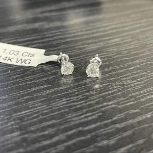 14K WHITE GOLD RBC NATURAL DIAMOND STUDS, FOUR PRONG. WEIGHT 1.03CT. 4DWT
