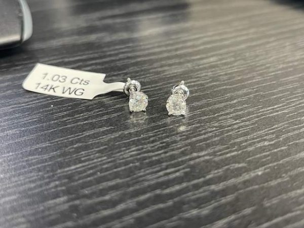 14K WHITE GOLD RBC NATURAL DIAMOND STUDS, FOUR PRONG. WEIGHT 1.03CT. 4DWT
