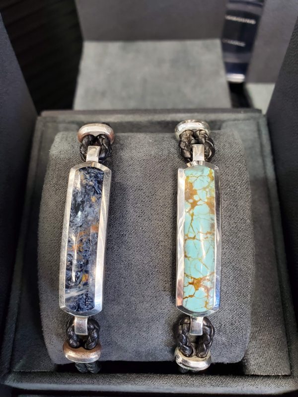 GENTS DAVID YURMAN STERLING & PIETERSITE LEATHER BRACELET EXOTIC STONE BAR STATION