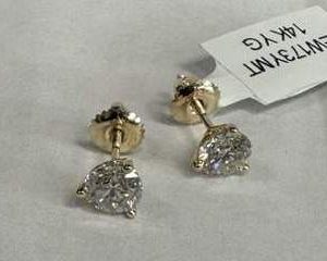 14K YELLOW GOLD WHITE NATURAL DIAMOND STUDS. 3 PRONG MARTINI STUDS 1.73CT .9DWT