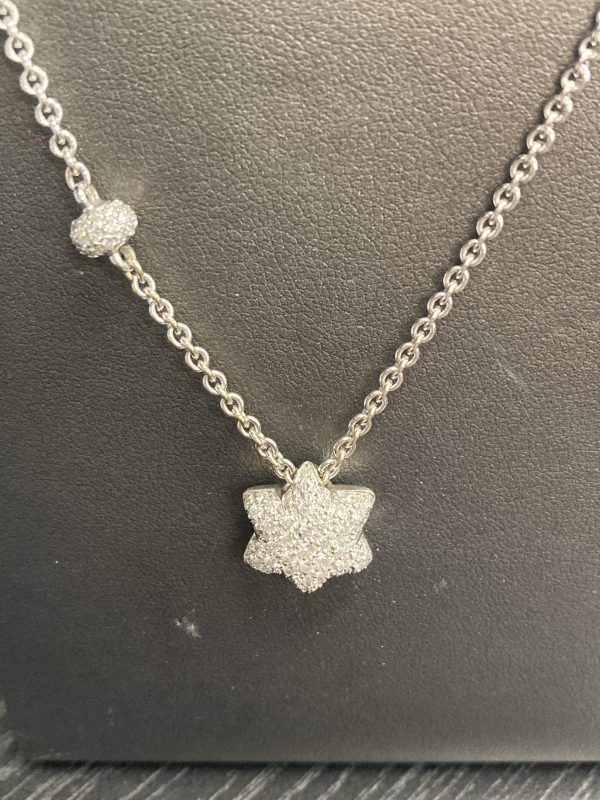 18K W/G LADIES DIAMOND STAR OF DAVID NECKLACE WITH APPROX.1.00 C CARAT OF PAVE SET ROUND BRILLIANT CUT DIAMONDS. WEIGHING 8.5 DWT.