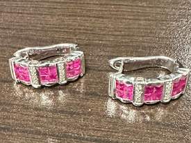 14K WHITE GOLD RUBY AND DIAMOND EARRINGS 24 SQUARE RUBIES 12 SMALL DIAMONDS 2.50CTS OF RUBIES 6 PTS OF DIAMONDS GOLD WT 5.7 DWT