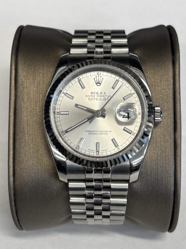 STAINLESS STEEL ROLEX OYSTER PERPETUAL 36MM DATEJUST 18K FLUTED BEZEL SERIAL #M537365 WITH JOMASHOP BOX AND 2 LINKS