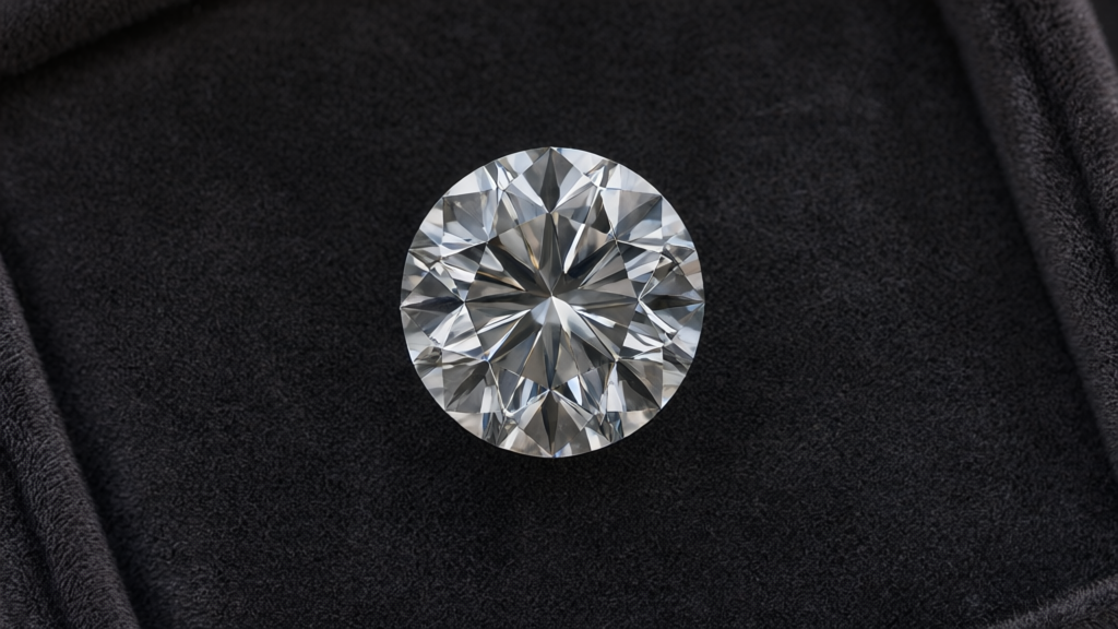 Close-up of a round brilliant diamond on black velvet under bright lighting