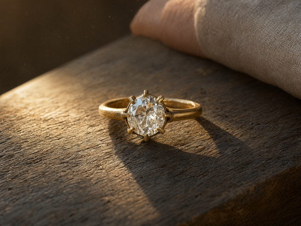 Vintage gold ring with an old European cut diamond resting on wood in warm light