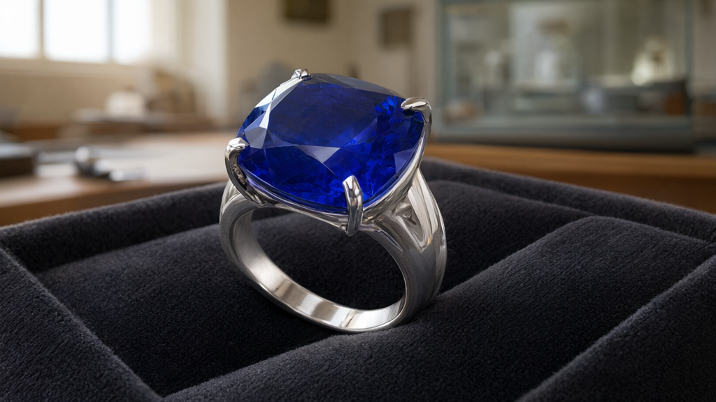 Close up of a blue sapphire ring on velvet