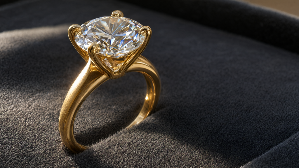 A gold ring with a clear gemstone sits on a dark surface, illuminated by strong light from the side to reveal details in the metal and stone.