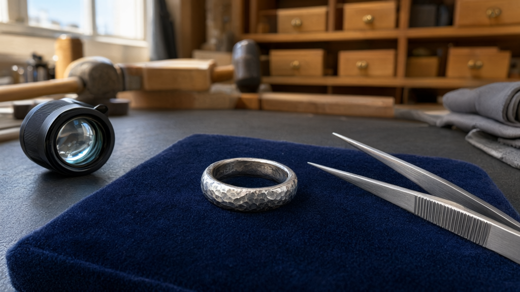 A damaged silver ring rests on a jeweler's workbench alongside tools and a magnifying loupe.