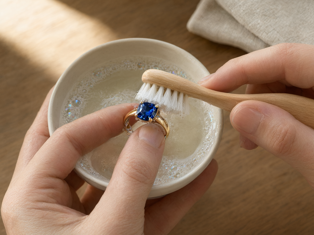 Hands cleaning a sapphire ring with soap and a toothbrush