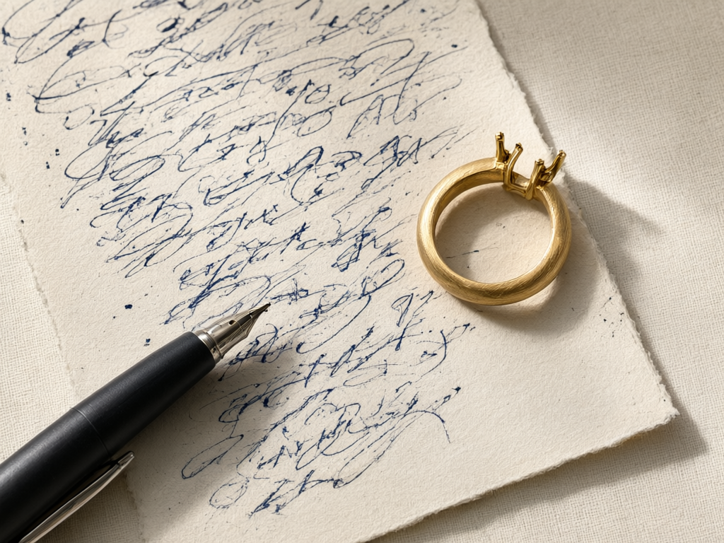 A handwritten repair estimate sheet lies next to a gold ring with broken prongs on a wooden table.