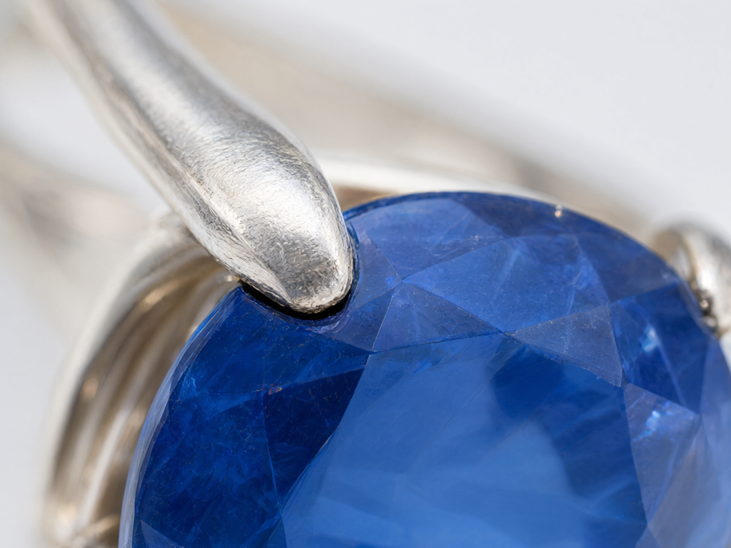 Macro shot of a worn prong next to a sapphire