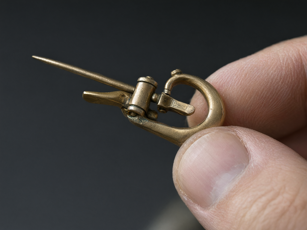 Close-up of a jeweler holding an antique brooch clasp to inspect its condition.