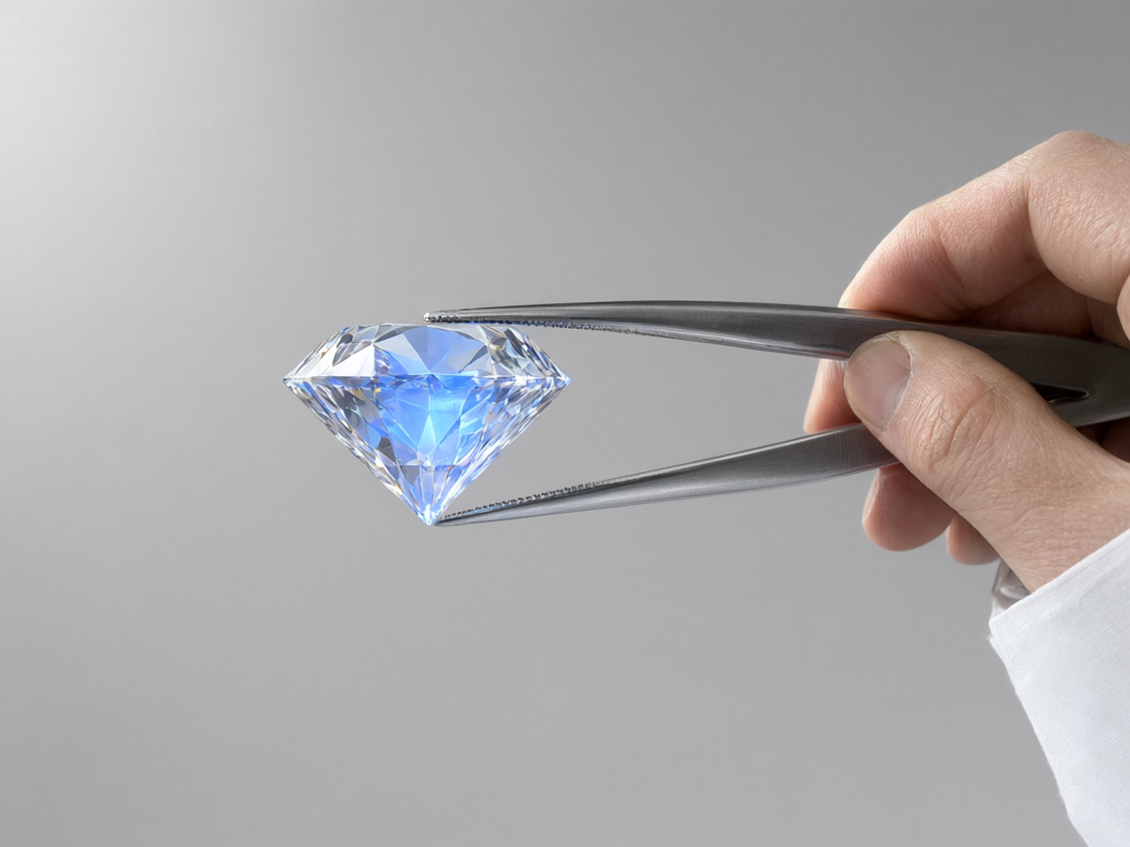 A profile view of a diamond held by tweezers, displaying its cut depth and a slight internal blue glow.